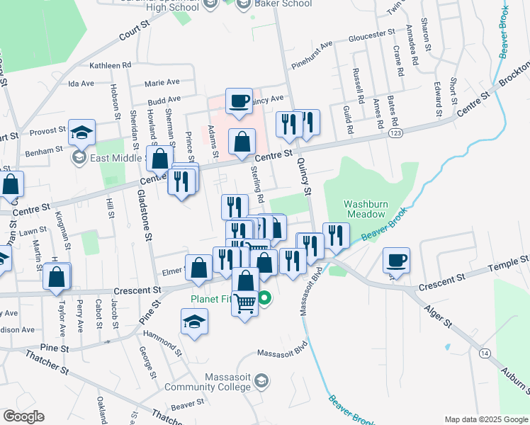 map of restaurants, bars, coffee shops, grocery stores, and more near 72 Sterling Road in Brockton