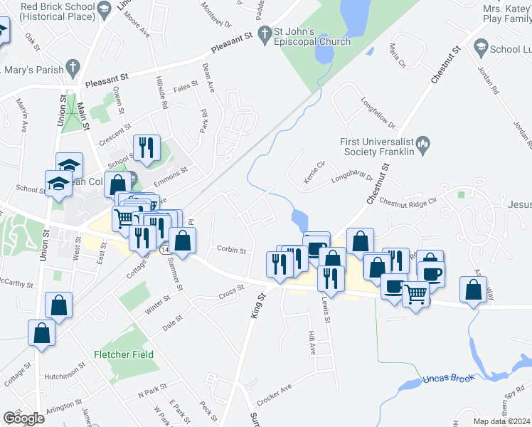 map of restaurants, bars, coffee shops, grocery stores, and more near 67 Milliken Avenue in Franklin