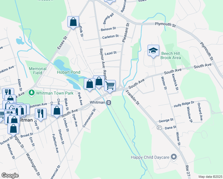 map of restaurants, bars, coffee shops, grocery stores, and more near 416 South Avenue in Whitman