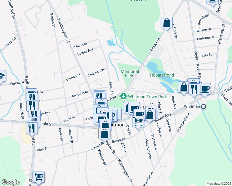 map of restaurants, bars, coffee shops, grocery stores, and more near 94 Park Avenue in Whitman