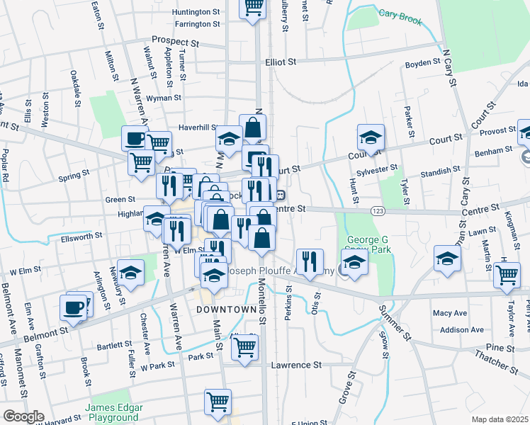 map of restaurants, bars, coffee shops, grocery stores, and more near in Brockton