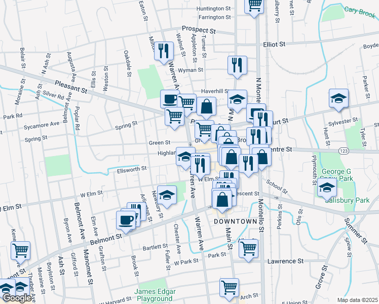 map of restaurants, bars, coffee shops, grocery stores, and more near 9 Highland Street in Brockton
