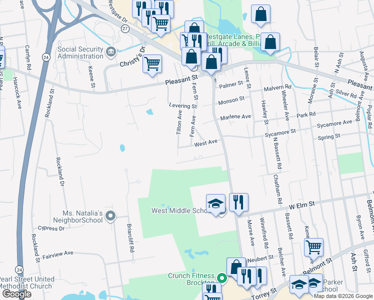 map of restaurants, bars, coffee shops, grocery stores, and more near 78 West Avenue in Brockton
