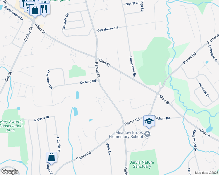 map of restaurants, bars, coffee shops, grocery stores, and more near 741 Parker Street in East Longmeadow