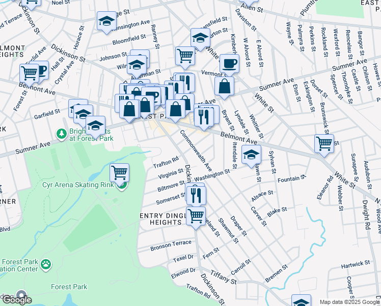 map of restaurants, bars, coffee shops, grocery stores, and more near 523 Dickinson Street in Springfield