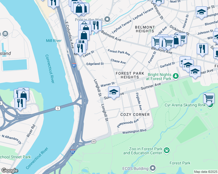 map of restaurants, bars, coffee shops, grocery stores, and more near 25 Warner Street in Springfield