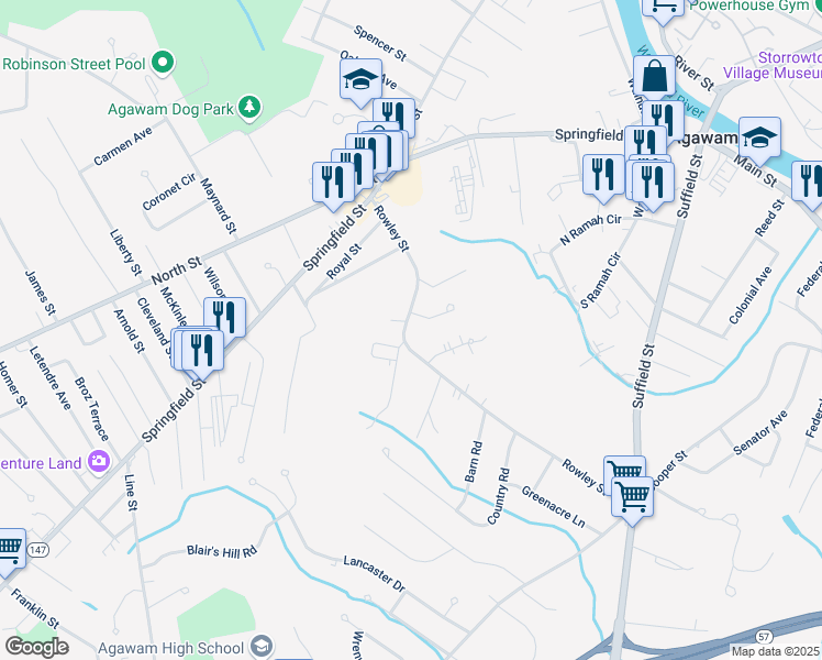 map of restaurants, bars, coffee shops, grocery stores, and more near 108 Rowley Street in Agawam