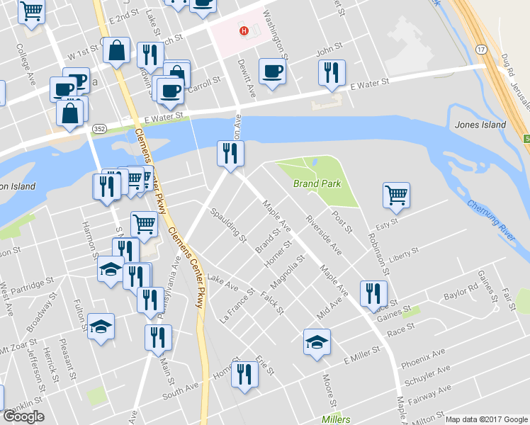 map of restaurants, bars, coffee shops, grocery stores, and more near 410 Maple Avenue in Elmira