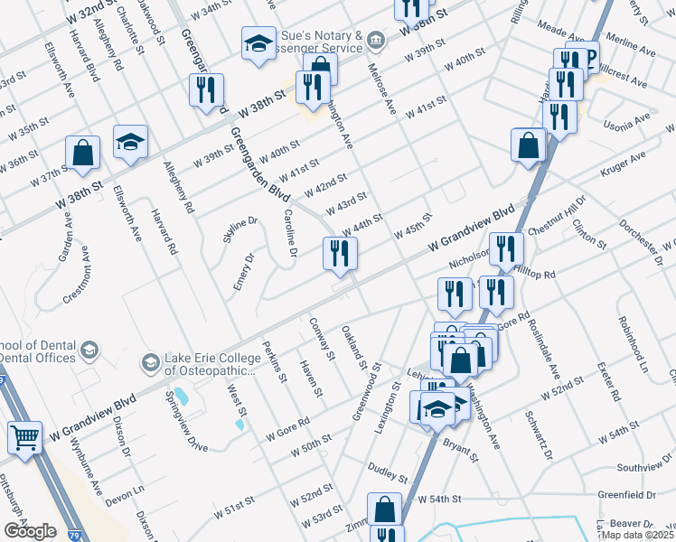 map of restaurants, bars, coffee shops, grocery stores, and more near 1622 West 45th Street in Erie