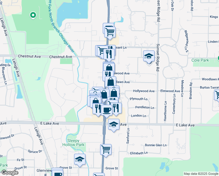 map of restaurants, bars, coffee shops, grocery stores, and more near 1609 Waukegan Road in Glenview