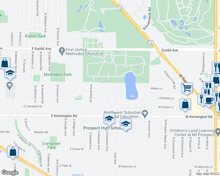 map of restaurants, bars, coffee shops, grocery stores, and more near 119 North Evanston Avenue in Arlington Heights
