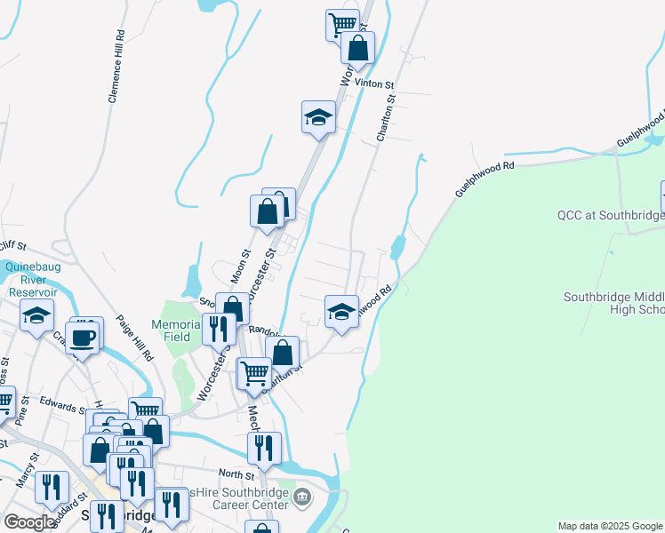 map of restaurants, bars, coffee shops, grocery stores, and more near 49 Columbia Street in Southbridge