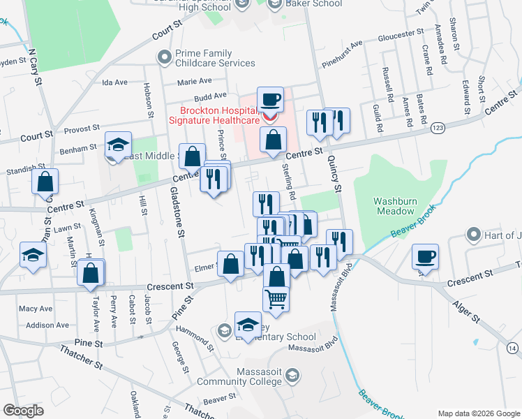 map of restaurants, bars, coffee shops, grocery stores, and more near 62 Brockton Avenue in Brockton