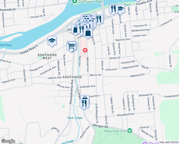 map of restaurants, bars, coffee shops, grocery stores, and more near 73 Mitchell Avenue in Binghamton