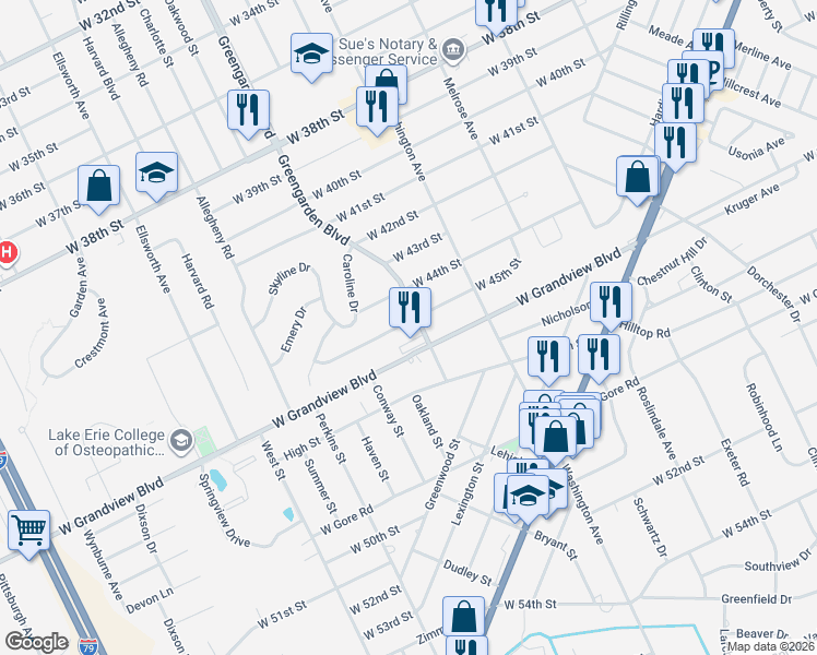 map of restaurants, bars, coffee shops, grocery stores, and more near 1622 West 45th Street in Erie