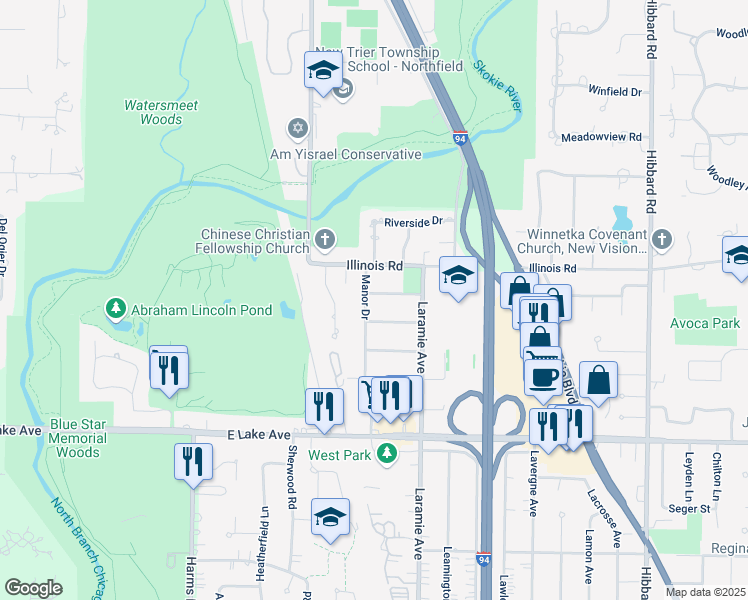 map of restaurants, bars, coffee shops, grocery stores, and more near 1120 Manor Drive in Wilmette