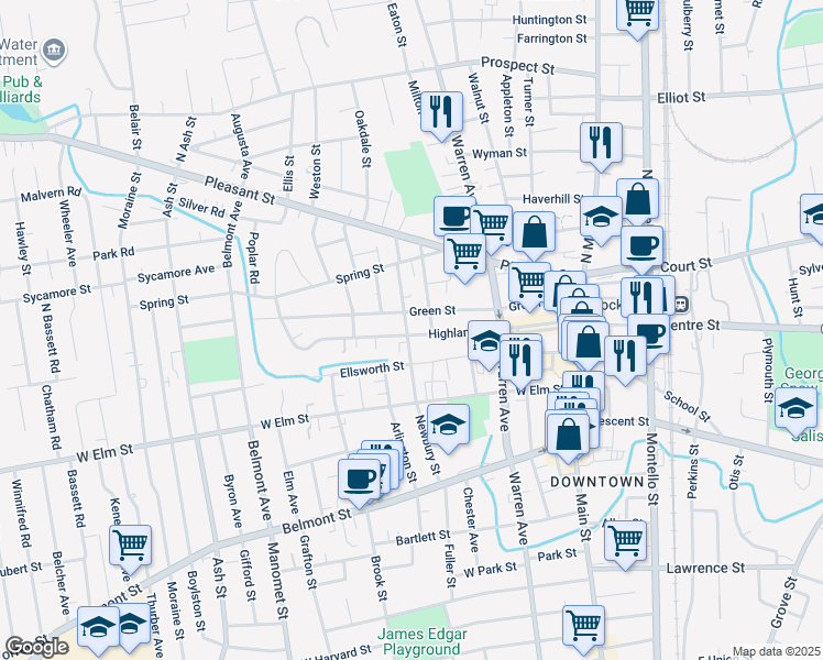 map of restaurants, bars, coffee shops, grocery stores, and more near 75 Highland Street in Brockton