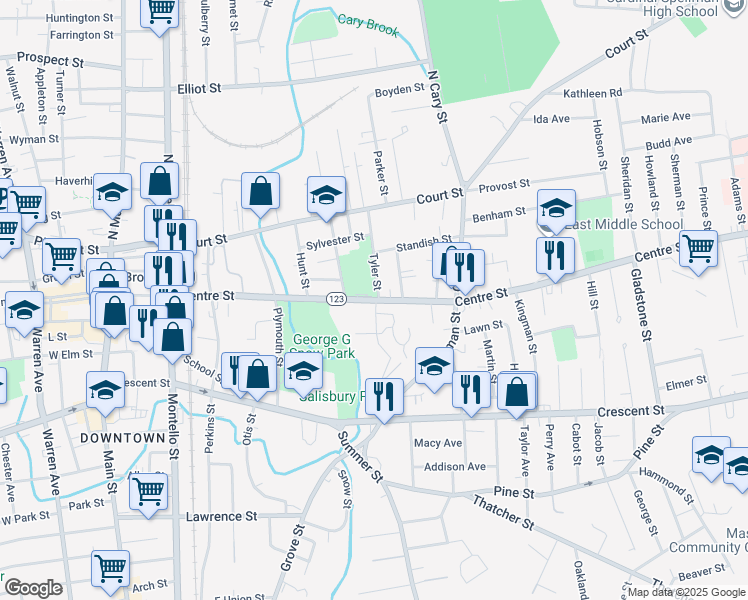 map of restaurants, bars, coffee shops, grocery stores, and more near 292 Centre Street in Brockton