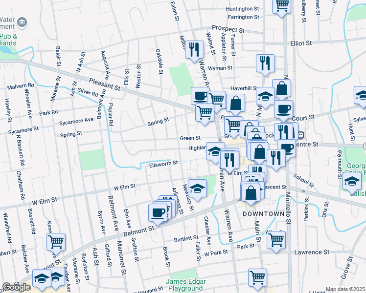 map of restaurants, bars, coffee shops, grocery stores, and more near 71 Highland Street in Brockton