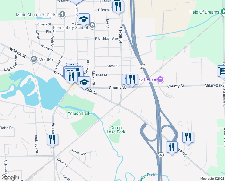 map of restaurants, bars, coffee shops, grocery stores, and more near 14293 South Sanford Road in Milan