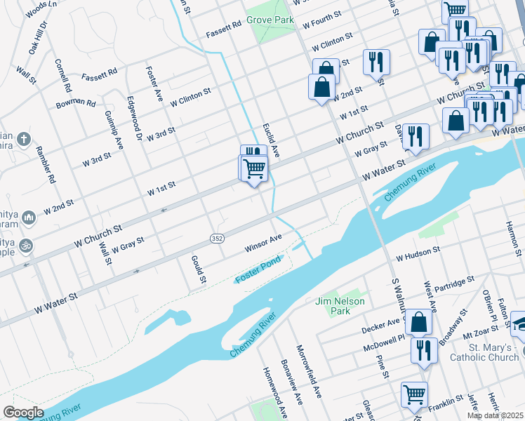 map of restaurants, bars, coffee shops, grocery stores, and more near 103 Hoffman Street in Elmira