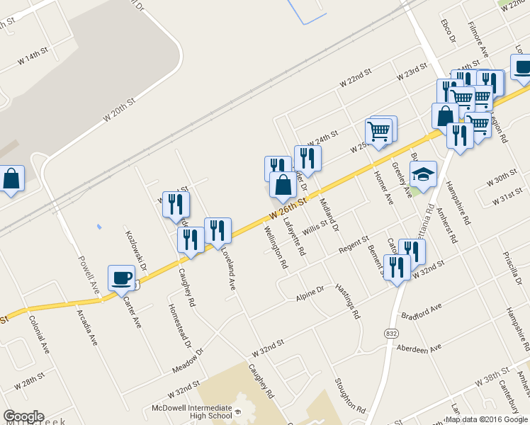 map of restaurants, bars, coffee shops, grocery stores, and more near 3358 W Ridge Rd in Erie