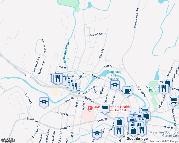 map of restaurants, bars, coffee shops, grocery stores, and more near 163 Mill Street in Southbridge