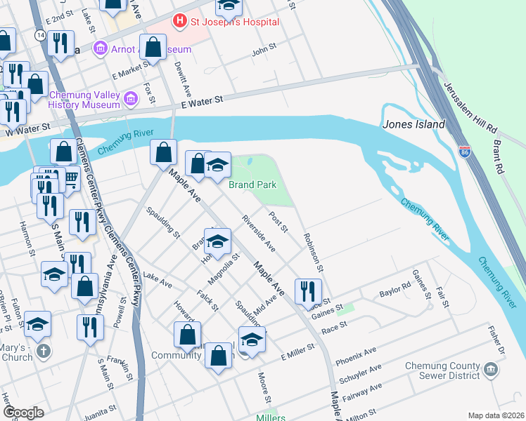 map of restaurants, bars, coffee shops, grocery stores, and more near 458 Horner Street in Elmira