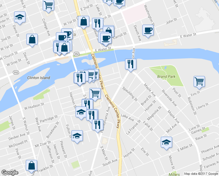 map of restaurants, bars, coffee shops, grocery stores, and more near 114 East Hudson Street in Elmira