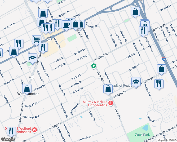 map of restaurants, bars, coffee shops, grocery stores, and more near 2715 W 33rd St in Erie