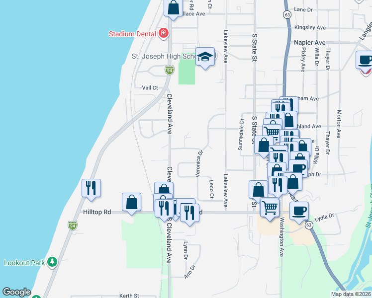 map of restaurants, bars, coffee shops, grocery stores, and more near 304 Winwood Avenue in St. Joseph