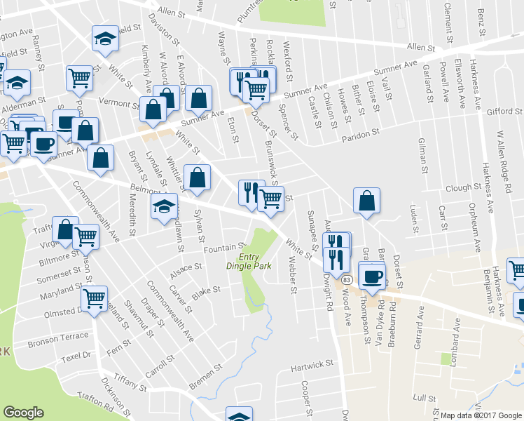 map of restaurants, bars, coffee shops, grocery stores, and more near 655 White Street in Springfield