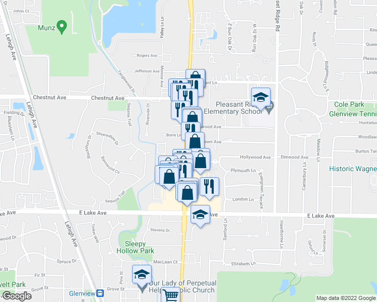 map of restaurants, bars, coffee shops, grocery stores, and more near 1609 Waukegan Road in Glenview