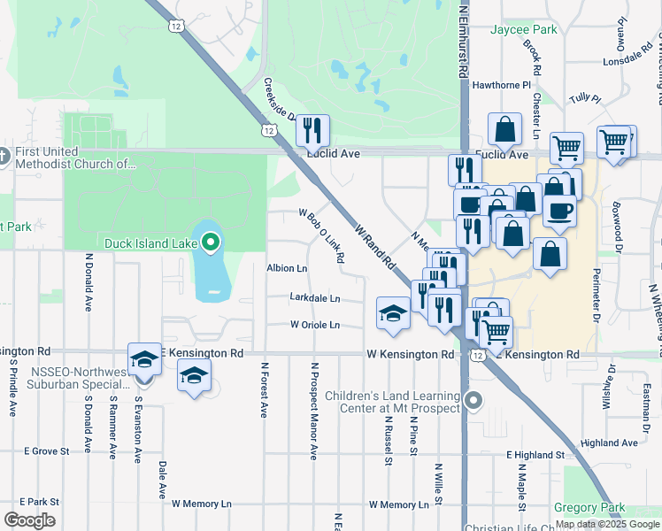 map of restaurants, bars, coffee shops, grocery stores, and more near 421 West Bob O Link Road in Mount Prospect