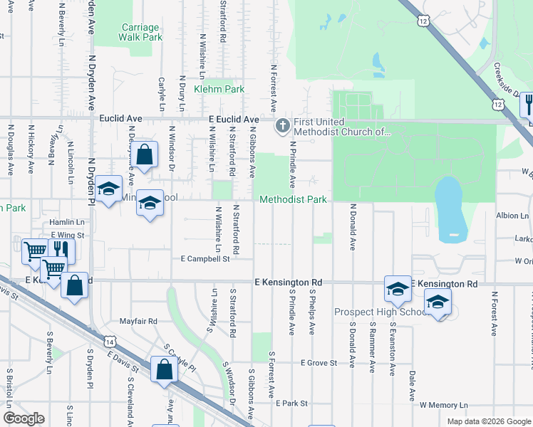 map of restaurants, bars, coffee shops, grocery stores, and more near 122 North Forrest Avenue in Arlington Heights