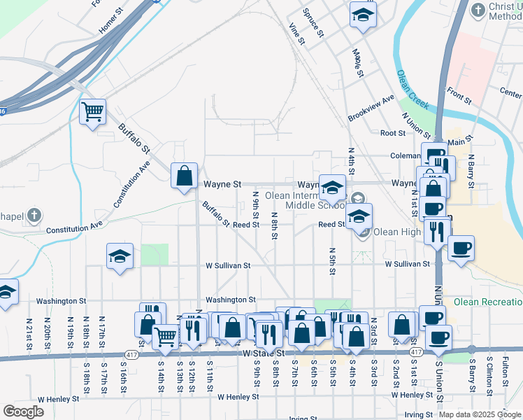 map of restaurants, bars, coffee shops, grocery stores, and more near 412 N 9th St in Olean