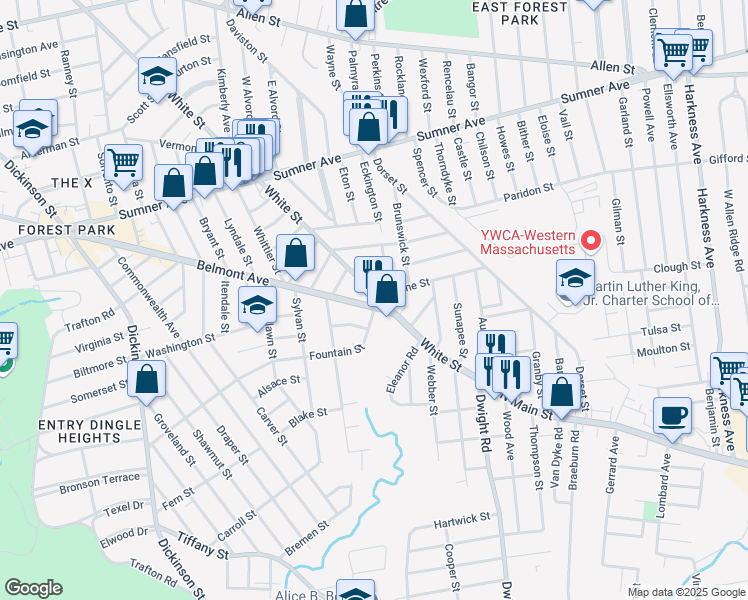 map of restaurants, bars, coffee shops, grocery stores, and more near 923 Belmont Avenue in Springfield