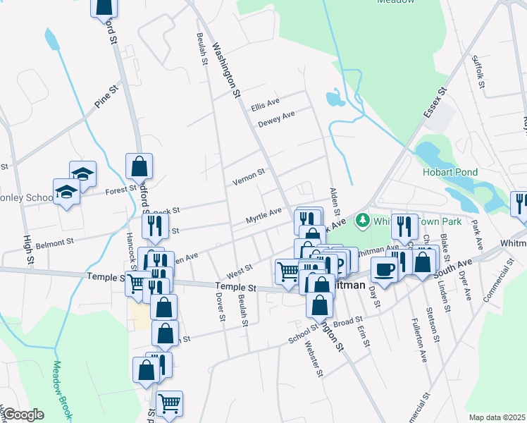 map of restaurants, bars, coffee shops, grocery stores, and more near 39 Myrtle Avenue in Whitman