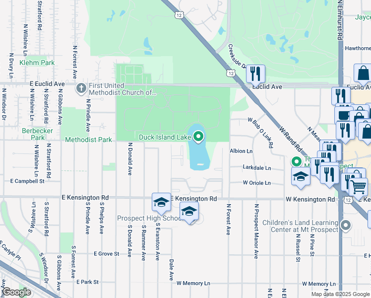 map of restaurants, bars, coffee shops, grocery stores, and more near 115 North Peartree Lane in Arlington Heights