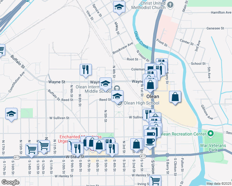 map of restaurants, bars, coffee shops, grocery stores, and more near 401 Wayne Street in Olean