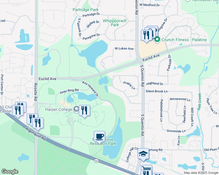 map of restaurants, bars, coffee shops, grocery stores, and more near 2501 Arlingdale Drive in Palatine