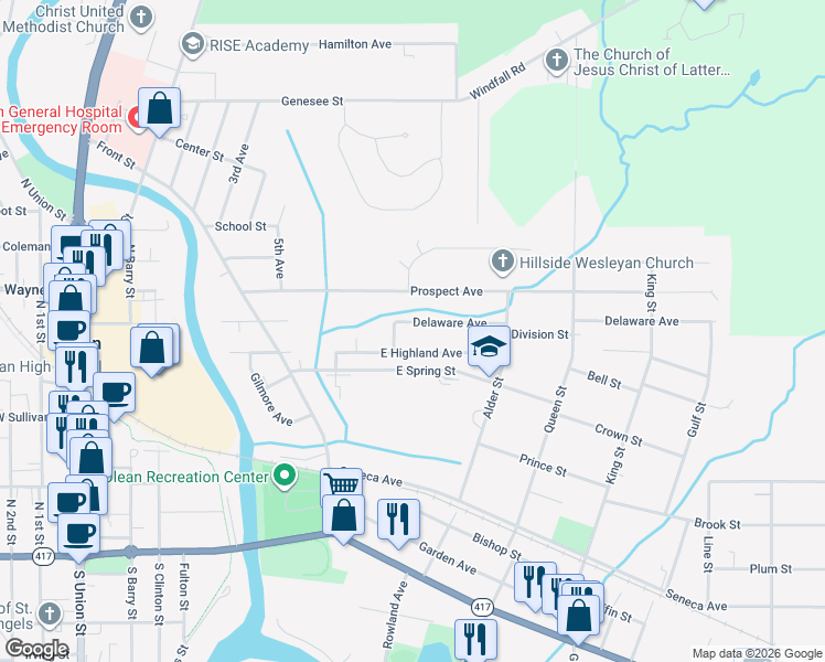 map of restaurants, bars, coffee shops, grocery stores, and more near 618 Delaware Avenue in Olean