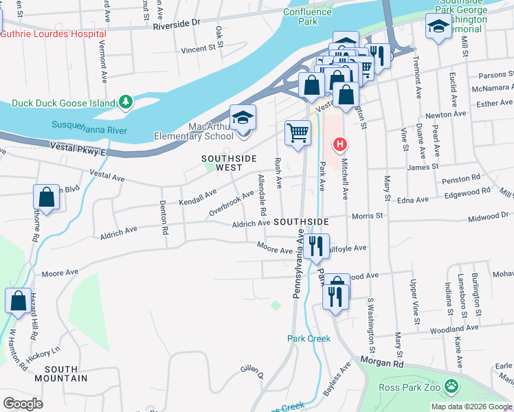 map of restaurants, bars, coffee shops, grocery stores, and more near 18 Allendale Rd in Binghamton