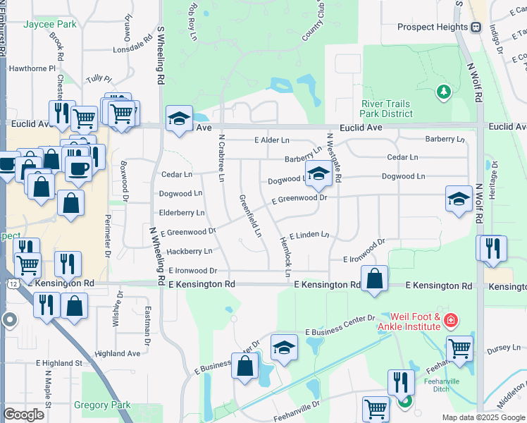 map of restaurants, bars, coffee shops, grocery stores, and more near 1014 Hemlock Lane in Mount Prospect