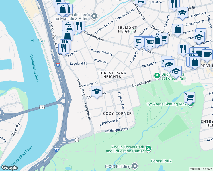 map of restaurants, bars, coffee shops, grocery stores, and more near 19 Maplewood Terrace in Springfield