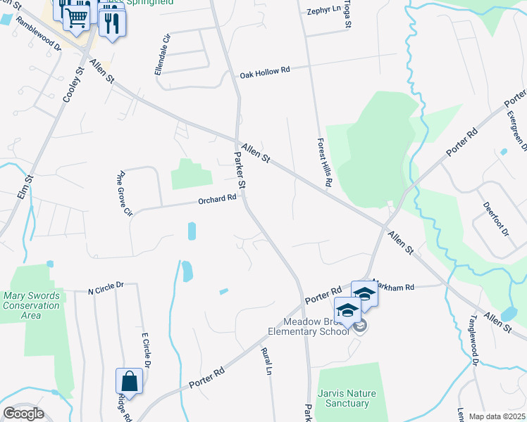 map of restaurants, bars, coffee shops, grocery stores, and more near 741 Parker Street in East Longmeadow