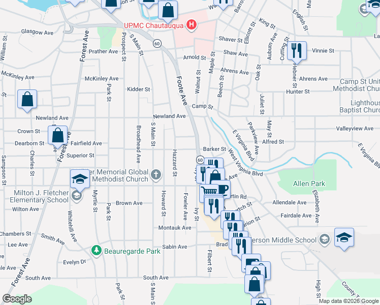 map of restaurants, bars, coffee shops, grocery stores, and more near 71 Barker Street in Jamestown
