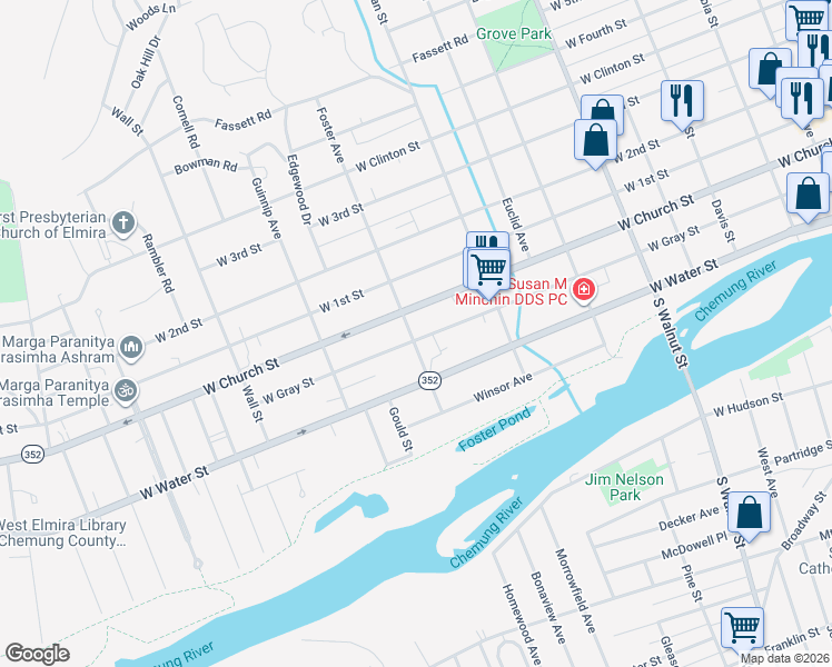 map of restaurants, bars, coffee shops, grocery stores, and more near 738 West Gray Street in Elmira