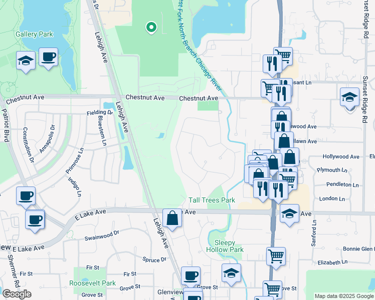 map of restaurants, bars, coffee shops, grocery stores, and more near 1530 Basswood Circle in Glenview
