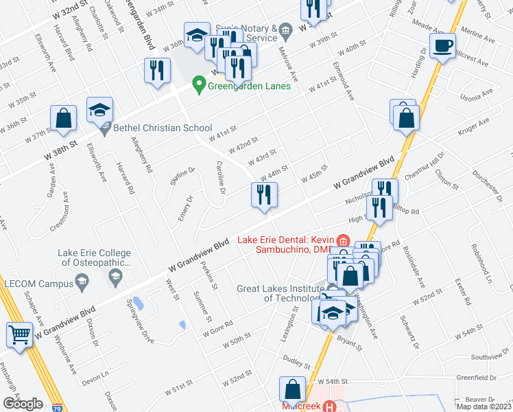 map of restaurants, bars, coffee shops, grocery stores, and more near 1613 West 45th Street in Erie